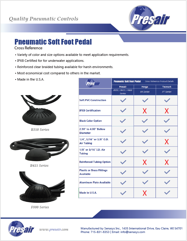 Pneumatic Soft Foot Pedal Cross Reference Table